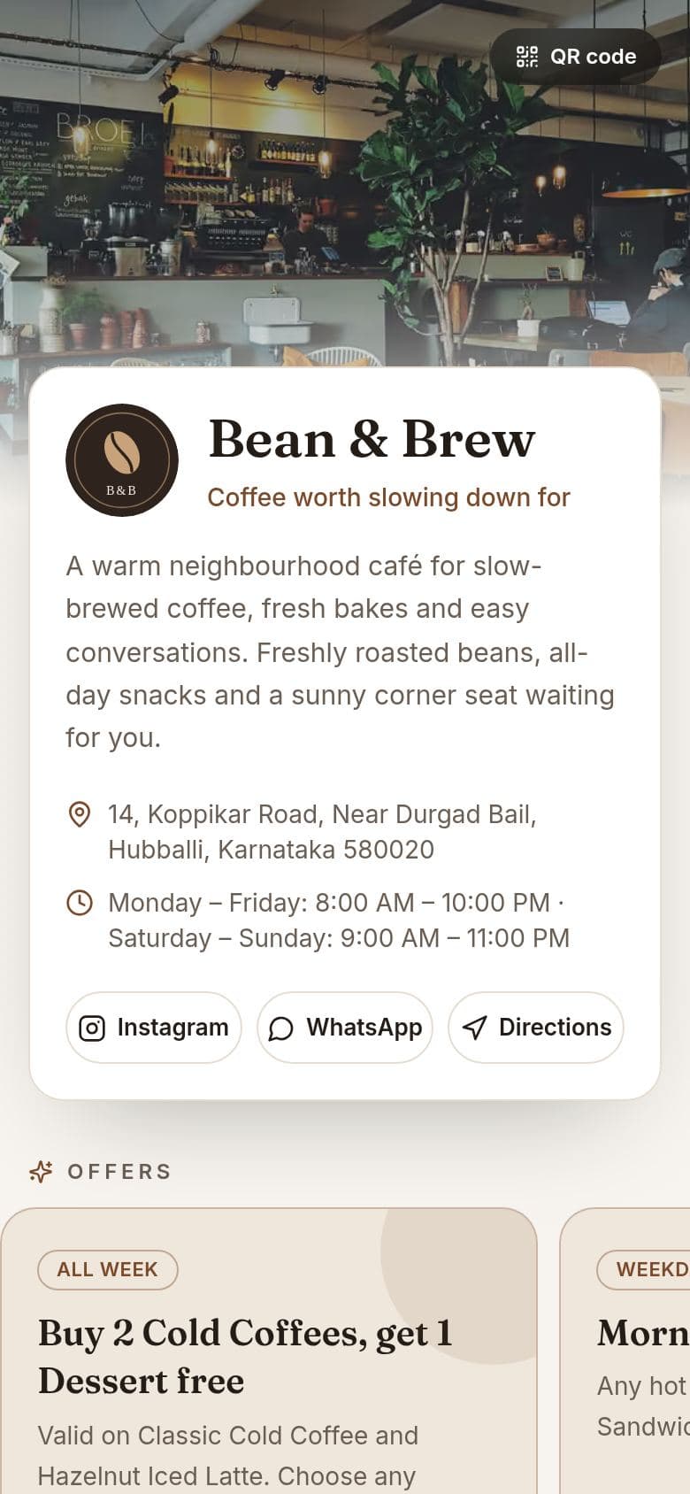 Bean & Brew demo menu on a phone