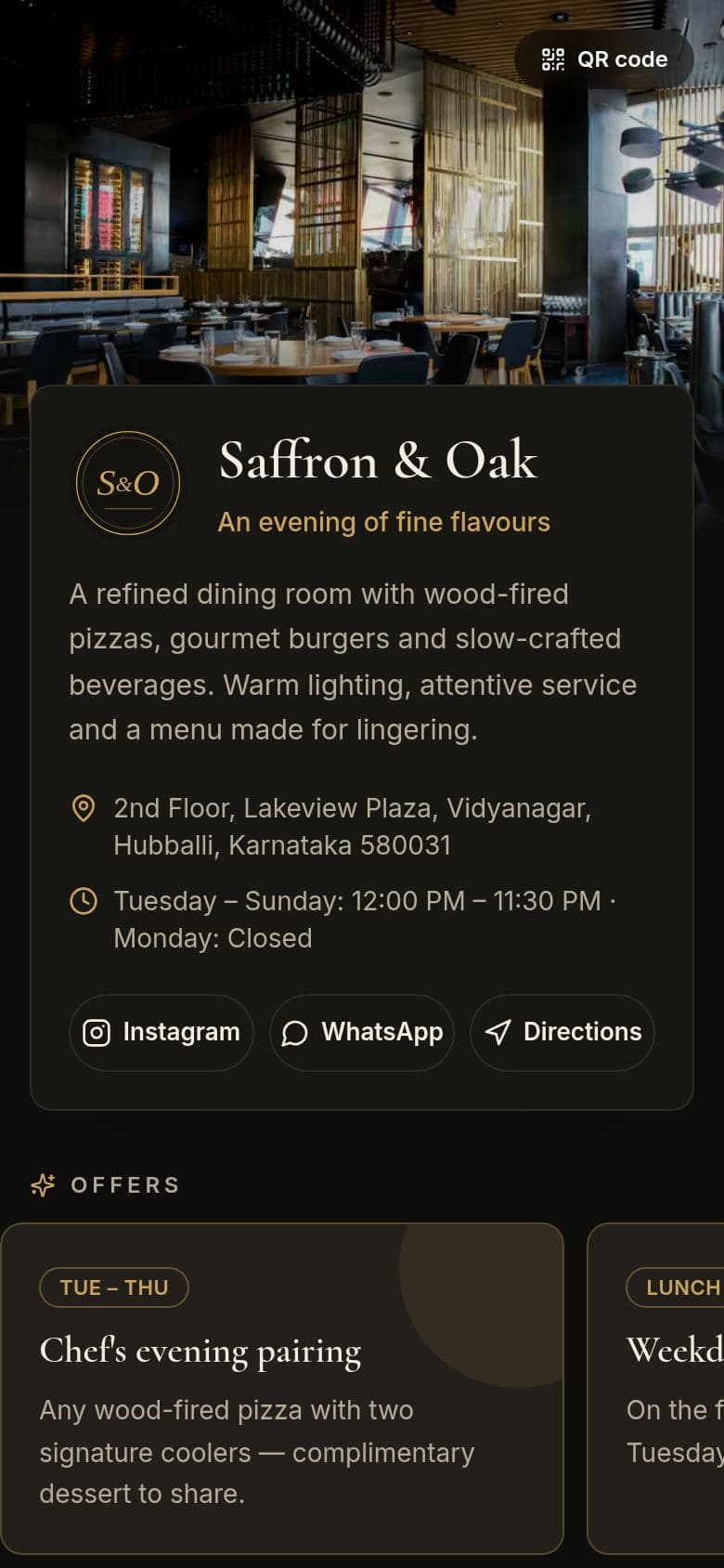 Saffron & Oak demo menu on a phone